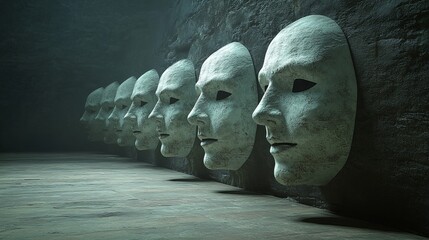 Poster - Sculpture installation with smooth, abstract faces in a dimly lit cavernous space