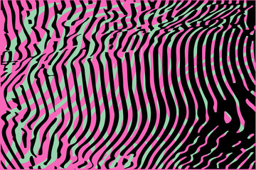 Aufkleber - Abstract vector illustration with wavy black lines forming an optical illusion over green and pink shapes, creating a dynamic, modern, and psychedelic visual effect.