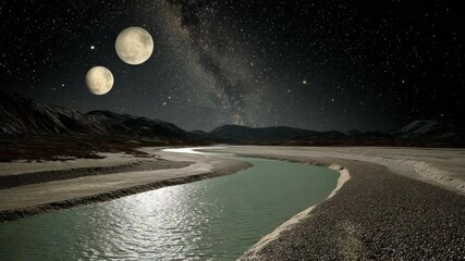 Poster - Starlight River Winds Through Alien Landscape Beneath Twin Moons Generative AI