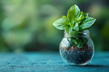 Wall Mural - Plant in a round glass jar on a blue surface, against a blurred green background