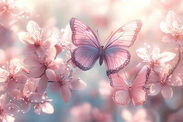 Wall Mural - Two butterflies elegantly sit among delicate pink blossoms in gentle sunlight