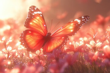 Wall Mural - Orange butterfly rests amongst a field of pink and blue flowers under warm sunlight