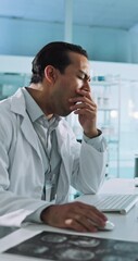 Poster - Scientist, man and yawning in lab by computer, burnout or fatigue for neurological medical study at night. Typing, research notes and tired neurologist working late on Alzheimers clinical trial