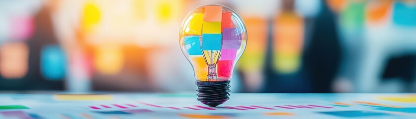 Aufkleber - abstract of innovative tech startup space, brainstorming session, diverse team, colorful morning light, time lapse and motion, blurred style,