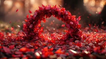Wall Mural - Red leaves arranged in a circle on the ground in the forest, lit by the sun