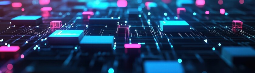 Fototapete - Abstract technology 3d illustration  futuristic design of glowing blocks