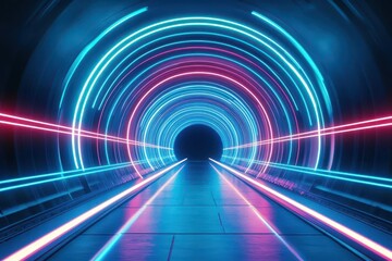 Fototapete - Abstract tunnel, corridor with rays of light and new highlights Abstract blue background, neon Scene with rays and lines, Round arch, light in motion, night view