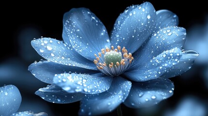 Wall Mural - A dreamy light blue flower blooms covered with sparkling dew drops against a dark background