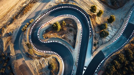 Wall Mural - captivating aerial shot of an empty f1 track complex featuring a winding chicane. the intricate curv
