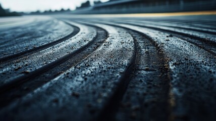 Wall Mural - a close-up view of an empty f1 track, showcasing intricate tire ridges on the asphalt surface. this 