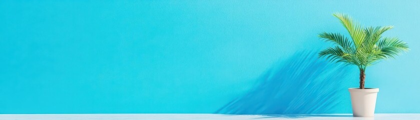 Poster - Beautiful blue ocean with a palm plant in the corner and blue wall, summer, tropical beach, time to relax over weekend, work life balance