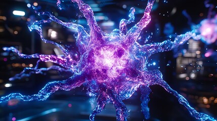 Poster - Colorful energy wave pulsating in a futuristic scientific laboratory setting at night