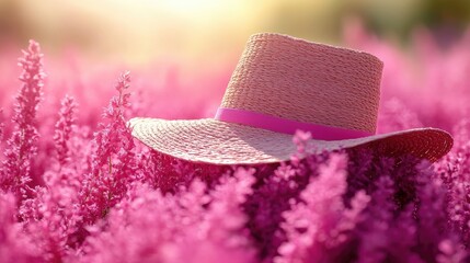 Wall Mural - Straw hat adorned with pink ribbon resting in a field of vibrant purple flowers under a sunlit sky