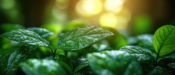 Wall Mural - Lush green leaves with water droplets glisten under bright bokeh lights in a natural, vibrant scene