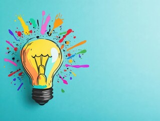 Fototapete - Big stylized light bulb on cyan background drawn with splashes of colored paint Concept of innovation and creativity