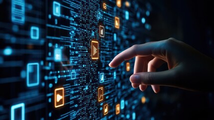 Aufkleber - Binary data processing for big data analysis in database Abstract image of digital data technology Hand touching many file icons and numbers
