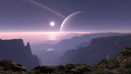 Poster - Alien Sky Showcases Enormous Ringed Planet Above Distant Mountains Generative AI