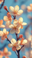 Wall Mural - Peach-colored blossoms on branches against a soft blue sky backdrop, conveying springtime warmth