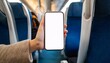 © AI_ALICE - 電車やバスの座席でスマホの白いスクリーン画面を見る人の手。テキストスペース、コピースペースあり。aiで生成