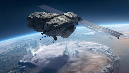 Poster - Spacecraft Orbiting a Distant Planet With Ice Formations Below Generative AI