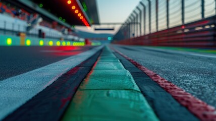 Wall Mural - a captivating view of a pit lane exit at a race circuit, showcasing vibrant lighting and colorful ma