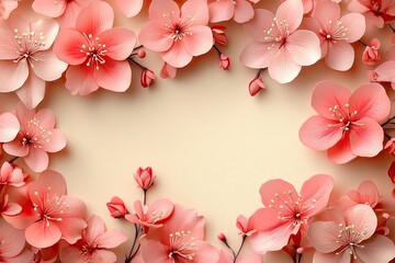 Wall Mural - Delicate pink flowers arranged artistically around a pale background create a lovely frame