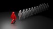 © JuanCarlos - The image shows a single red figure moving in a direction contrary to a line of gray figures, symbolizing leadership, individuality, or a departure from the norm.