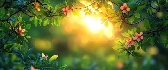 Wall Mural - A sunlit floral canopy view with bokeh, featuring branches, leaves, and soft pink blossoms