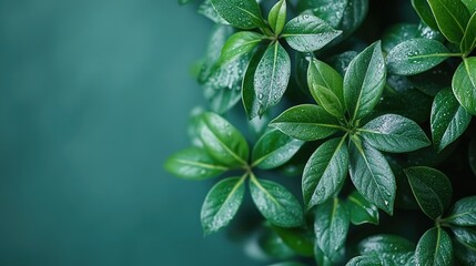 Wall Mural - Glossy green leaves with water droplets on right, cyan background