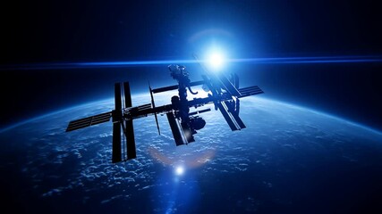 Poster - Futuristic Space Station Orbits Glowing Blue Exoplanet in Hyperlapse Generative AI