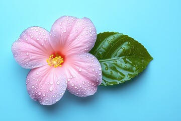 Wall Mural - A pink flower with dew drops lies beside a green leaf on light blue background, simple and elegant
