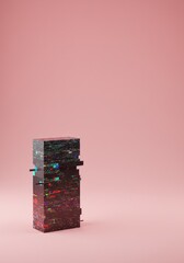 Poster - Glitched Pixel Art Tower on Pink Background: A Digital Abstract
