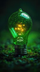 Wall Mural - Green lightbulb on mossy ground, glowing warmly inside. Symbolizing eco-friendly ideas