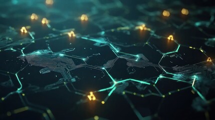 Poster - Digital hexagon grid displays global network connections.