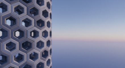 Fototapete - Abstract Hexagonal Structure Design: Architectural 3D Render of Geometric Concrete Pattern against a Serene Twilight Sky