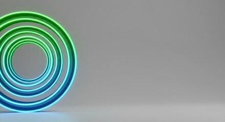 Poster - Abstract Green and Blue Neon Rings on Grey Background: A Minimalist 3D Render
