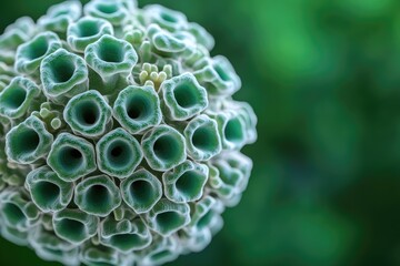 Wall Mural - Close-up of green plant. Hollow openings form intricate patterns. Blurred green background. Nature's beauty
