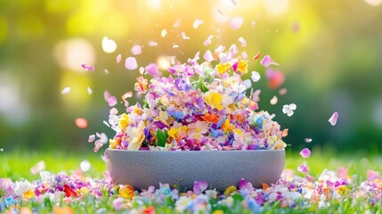 Colorful flower petals in a bowl, exploding in a vibrant display