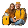 © Creative-Touch - Couple of young travelers with yellow suitcase and backpacks isolated on white background