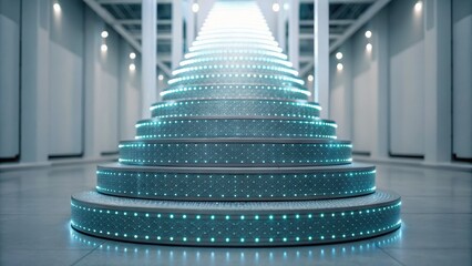 Poster - a spiral staircase illuminated with blue lights creating a dynamic visual of data points in motion