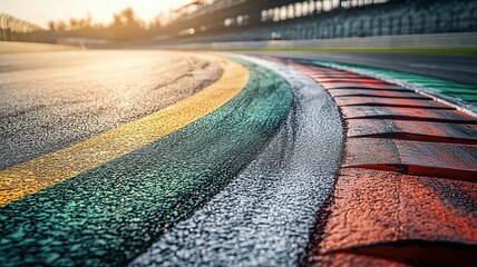 Wall Mural - a close-up view of an empty formula 1 track at sunset, showcasing the colorful curbs and textured as