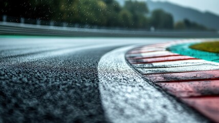 Wall Mural - a close-up shot of an f1 track featuring a wet kerb after rain, showcasing intricate details of the 