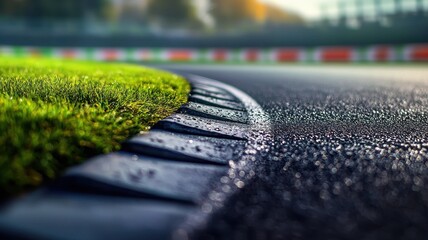 Wall Mural - a stunning close-up view of the edge of an empty formula 1 track, highlighting the smooth asphalt an