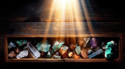 Poster - An elegant wooden box filled with beautiful crystals displaying nature's wonders and the artistry of precious gems
