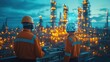 © Ari - Industrial Automation: Two Workers Overseeing a Night-Time Refinery Using Advanced Technology