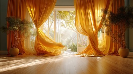 Poster - A bright and airy room featuring a large window with flowing curtains, inviting natural light and a cozy atmosphere