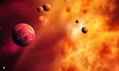 Wall Mural - Vibrant Cosmic Landscape with Red and Orange Planets Against a Nebula Background in Space