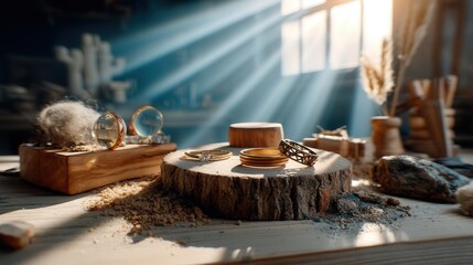 Poster - A rustic wooden table featuring a beautiful resting on its surface surrounded by natural light and warmth