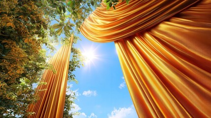 Poster - Soft curtain draped elegantly with sunlight streaming through, creating a warm and inviting atmosphere in the room