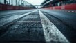 © PTM Motorsports - An empty Formula 1 track captured in a close-up shot, showcasing the detailed racing surface and grandstand in the background. Ideal for motorsport themes.